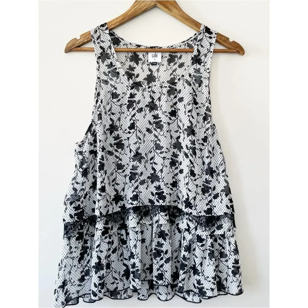 CAbi Black & White Floral Ruffle Tiered Tank Size Medium LIKE NEW